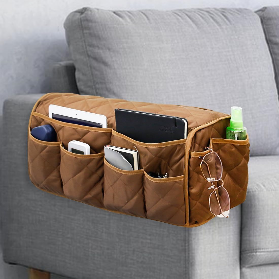 Armchair Caddy,Non Slip Sofa Armrest Organizer, Couch Armrest Remote Control Holder,Waterproof Recliner Arm Caddy with 14 Pockets for Cell Phone TV Remote Control