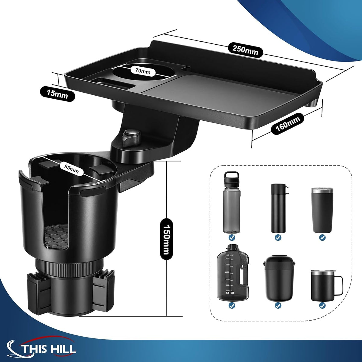 This Hill Cup Holder Tray for Car, 2 in 1 Detachable Car Food Table Tray with Solid Base & Phone Slot,Car Cup Holder Expander with 360°Rotation Tray for Travel Road Essentials