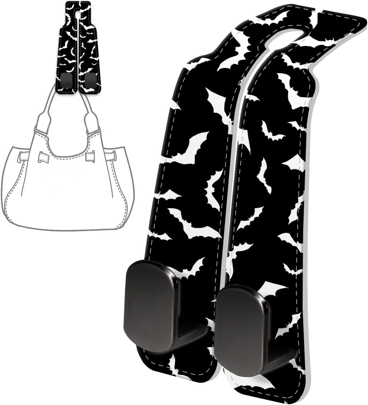PU Leather Car Seat Hook, Storage Headrest Hanger, Cute Car Backseat Organizer, Car Hooks For Purses and Bags Black White Bat