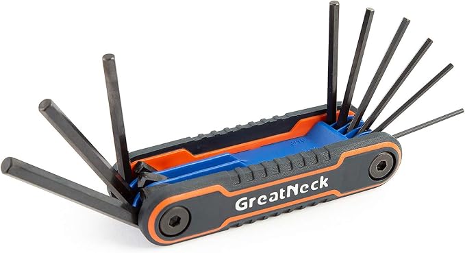 GreatNeck 74208 9 Piece Folding SAE Hex Key Set, Allen Key Set, Labeled Wrench Sizes, Easily Adjustable Fasteners, Color-Coded Body for Easy Identification