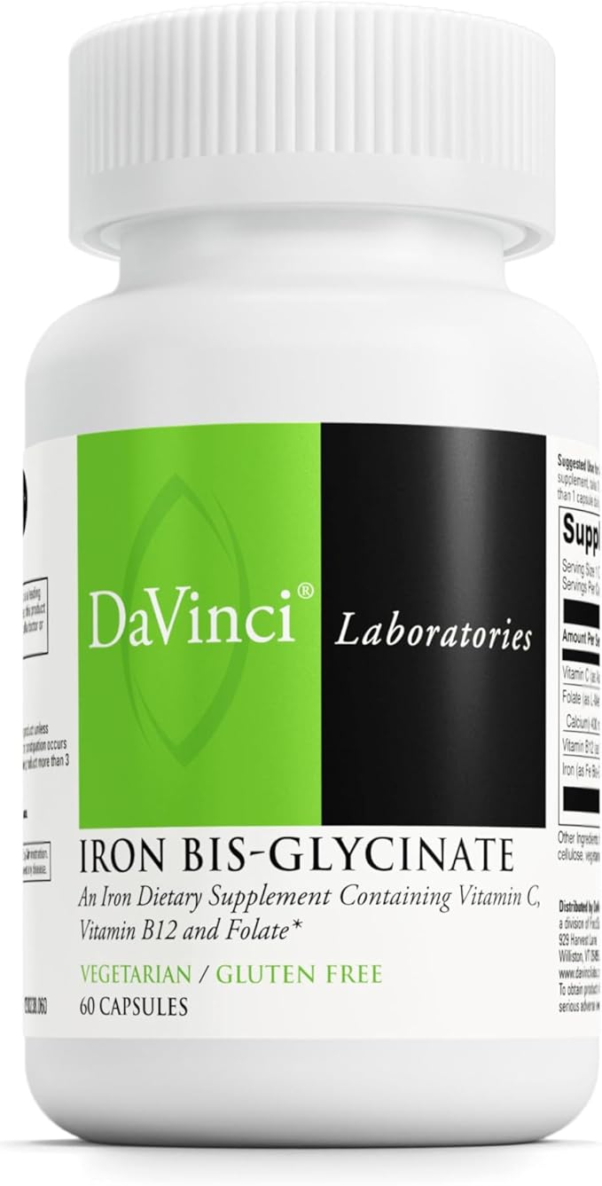 DAVINCI Labs Iron Bis-Glycinate - Gentle Iron Supplement for Women & Men - Help Support Hemoglobin Production & Normal Energy Levels with Vitamin C & More - Vegan - 60 Vegetarian Capsules