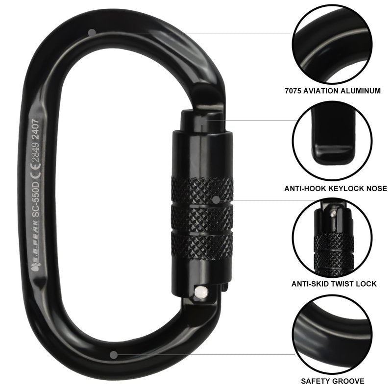S.E.PEAK UIAA & CE 24kN Oval Climbing Twist Clip for Outdoor Activities, Stormproof, Hiking, Mountaineering, Climbing, Camping, Fishing, Hunting, Skiing, Snowshoeing,Black,2pc