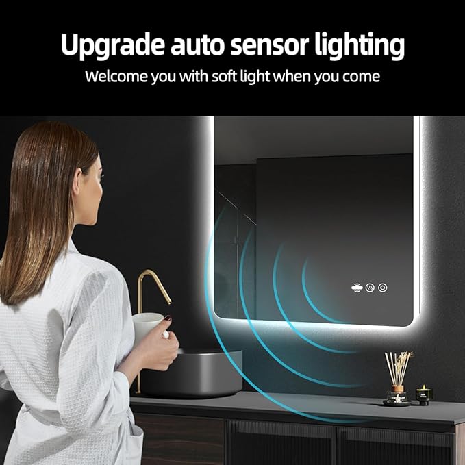 30 x 36 LED Bathroom Mirror, Frameless Rounded Corner Rectangle Backlit Mirror Bathroom, Anti-Fog, 3-Color Stepless Dimmable Lighted Mirror, Motion Sensor Lights, Memory Function