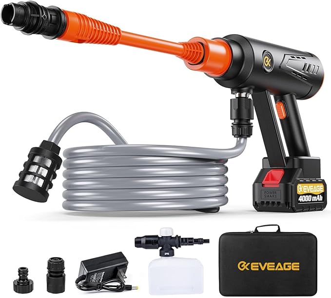 EVEAGE Cordless Power Pressure Washer 1000PSI, 2.5GPM Adjustment Portable Power Cleaner, Rechargeable Battery Powered Handheld High-Pressure Washer Gun for Car, Home Floor Cleaning