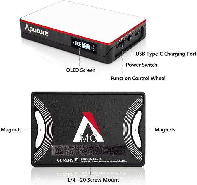 Aputure Amaran MC RGBWW Mini On Camera Video Light, 3200K-6500K, CRI/TLCI 96+