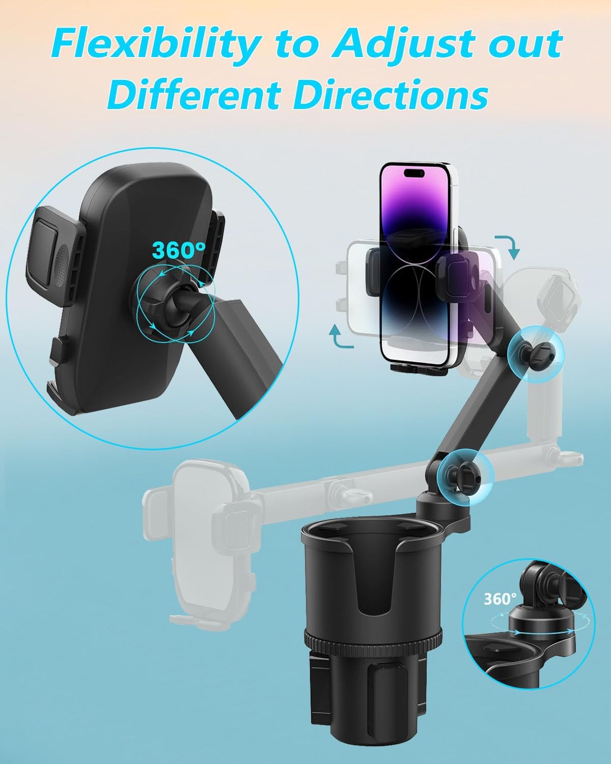 2-in-1 Cup Phone Holder for Car, 360° Adjustable Car Phone Mount