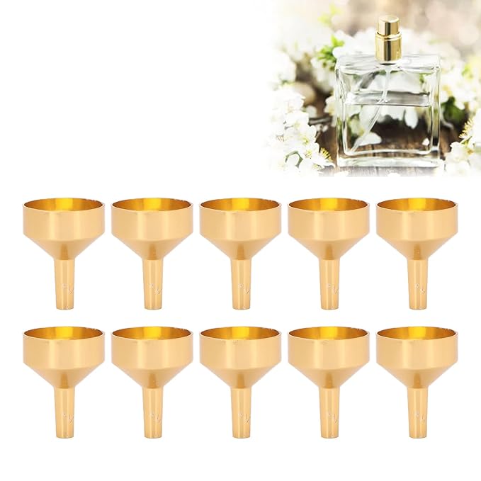 ANGGREK 10pcs Mini Aluminum Alloy Funnel Set for Filling Bottles and Transferring Cosmetics, Perfume (Golden)
