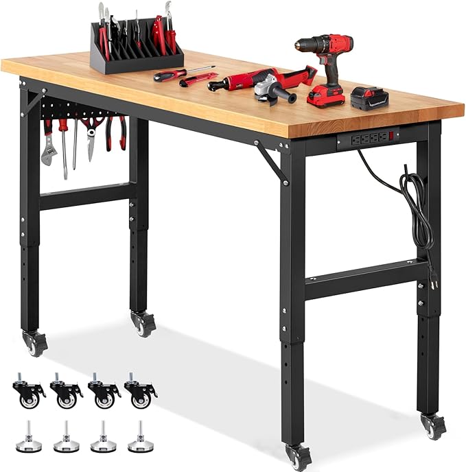 ENJOYWOOD 60" x 22" Heavy Duty Workbench with Wheels, Adjustable Height Garage Work Table with Solid Rubberwood Top, Pegboard & Power Outlets for Workshop, Home & Office