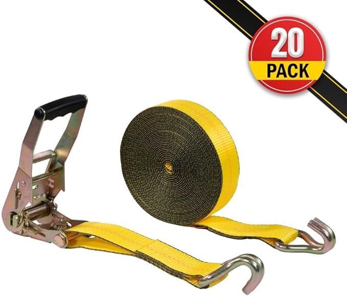 Mytee Products 20 Pack 2" x40' Yellow Ratchet Strap with J Hooks - 10,000 Lbs Breaking Strength - Heavy Duty Tie Down Cargo Truck Straps with Wire Hooks for Flatbed, Truck, Trailers Pickup