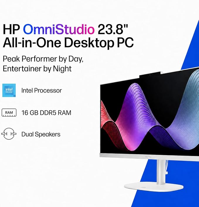 HP 24“ OmniStudio All-in-One Desktop Computer, 16GB DDR5 RAM, 640GB Storage | Full HD Ultra-thin Screen, Intel Quad-Cores, 512GB Exernal and 128GB UFS Storage, WiFi6, Keyboard & Mouse, Windows 11