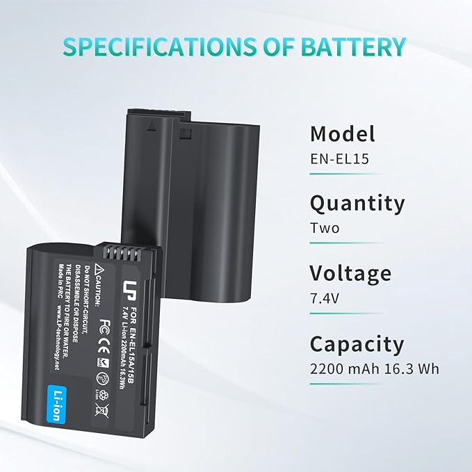 EN-EL15 Battery Pack, LP 2-Pack EN-EL15 EN EL15a Rechargable Li-ion Replacement