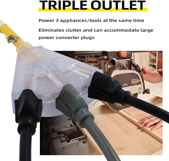 50 Ft Lighted Outdoor Extension Cord with 3 Electrical Power Outlets - 12/3 SJTW Heavy Duty Yellow Extension Cable with 3 Prong Grounded Plug for Safety, UL Listed