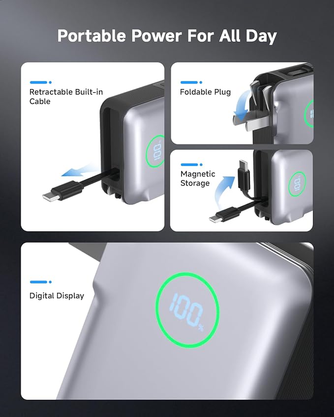 Portable Charger with Built in 25.6in Retractable Cable and Wall Plug, 10000mAh USB C Travel Power Bank, 35W Fast Charging Battery Pack Compatible with iPhone 16 15 14 13 Samsung Android Phone etc