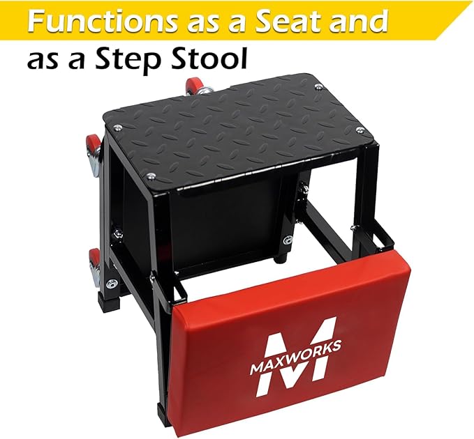 MaxWorks 50880 Garage Creeper Seat and Stool Combo, Workshop Seat with 300 Lbs Capacity, Mechanics Stool with Wheels