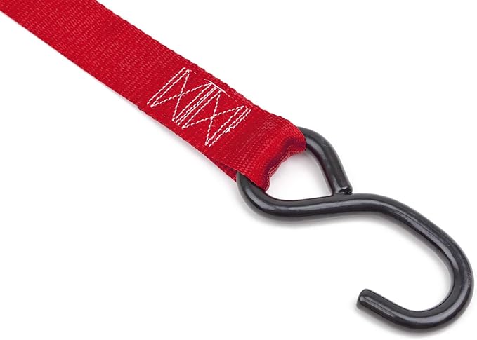 PowerTye 1.5in x 7ft Ergonomic Locking Ratchet Straps with Heavy-Duty S-Hooks - Made in USA - 1,000 lb. Working Load Limit / 3,000 lb. Breaking Strength - Red (Pair)