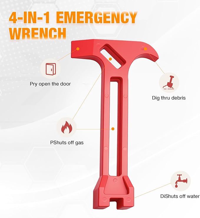 4-in-1 Emergency Tool – Gas & Water Shut Off Wrench, Non-Sparking Pry Bar, Earthquake Survival – Firefighter-Designed, Heavy-Duty Alloy (Red)