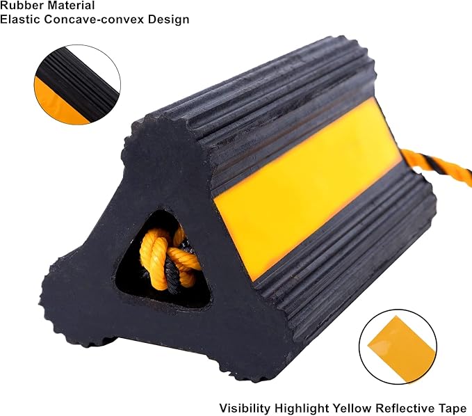 Wheel Chocks Rubber Heavy Duty Trailer Wheel Chocks with Yellow Reflective Visibility Tape and Yellow Nylon Rope 8.27" x 4.53" x 3.94" (Comes with Spare Yellow Reflective Strip)