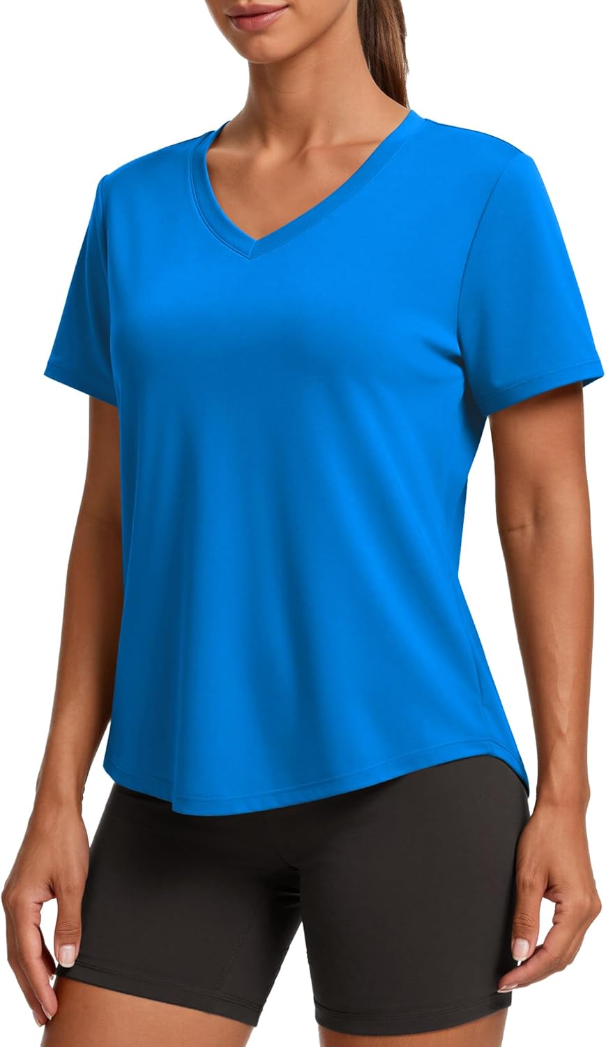 PINSPARK Soft Workout Tops for Women - Short Sleeve V-Neck, Moisture-Wicking, Quick Dry | UPF 50+ Sun Protection