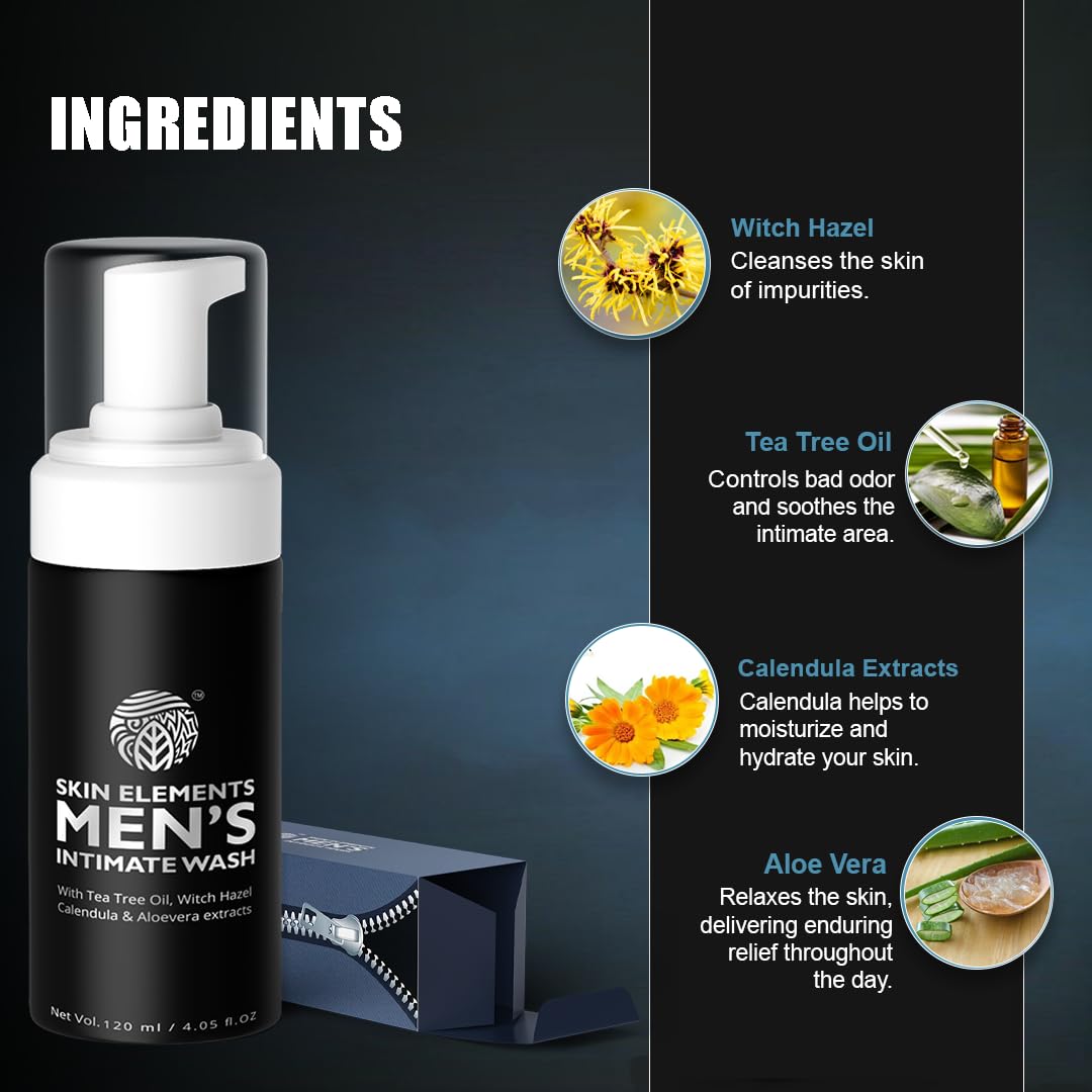 Skin Elements Intimate Wash for Men - pH Balanced Foaming Cleanser with Tea Tree Oil & Aloe Vera | 4.05 fl. oz.