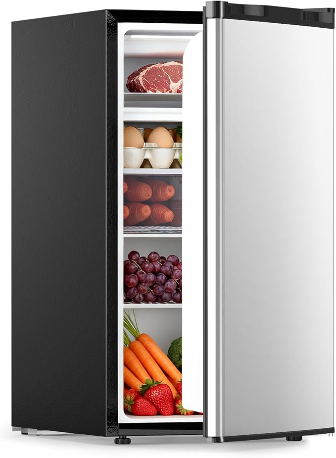 COWSAR 2.6 Cu.Ft Mini Fridge with Freezer for Bedroom Office, Silver | Single Reversible Door, 7 Temperature Settings, Energy Saving, 2 Removable Shelves, Compact Small Fridge for Apartment Dorm
