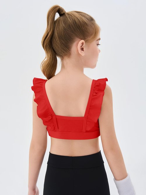 Haloumoning Girls Training Bra Kids Cute Ruffle Sports Bra Workout Yoga Bra Comfort Dance Crop Top Red