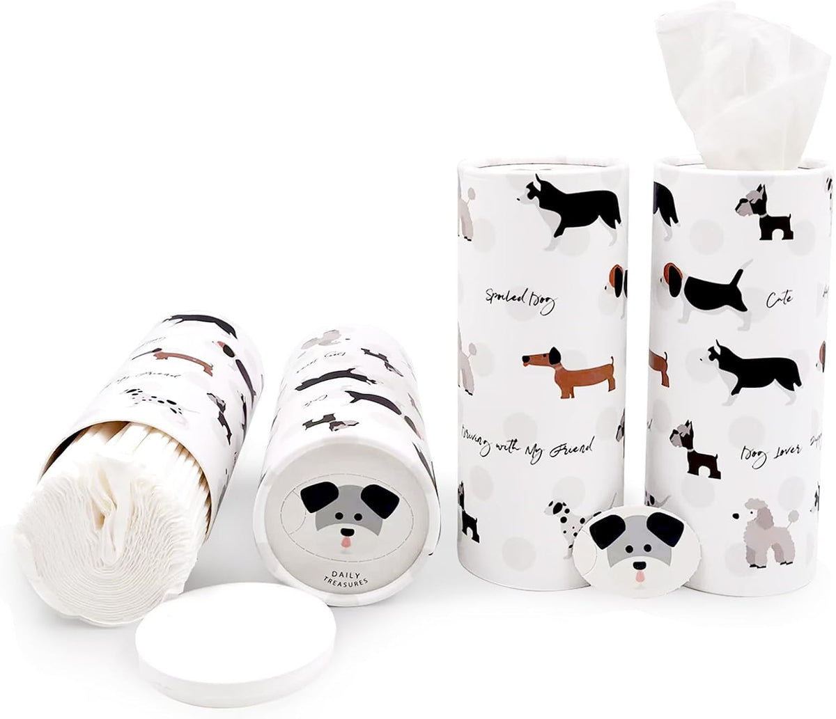 Daily Treasures 4 Pack Car Tissue Box with Facial Tissues,Cute Round Tissue Boxes for Car,Puppy Car Tissue Holder,Refill Cylinder Tissues for Car Holder Travel Bathroom(Dog)