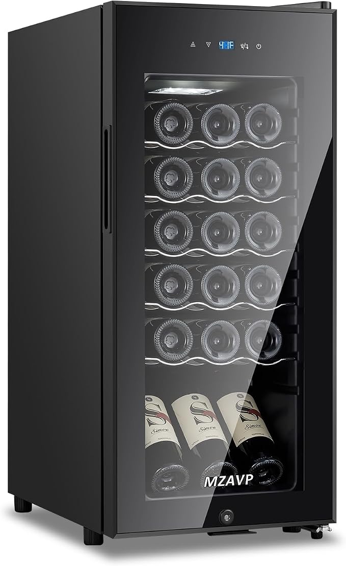 Mini Wine Fridge-Black, 18 Bottles Low Noise Compressor Wine Cooler, Freestanding Wine Cellar with Glass Door and Digital Temperature Control, 14 Inch Wine Refrigerator for Bar, Home & Office