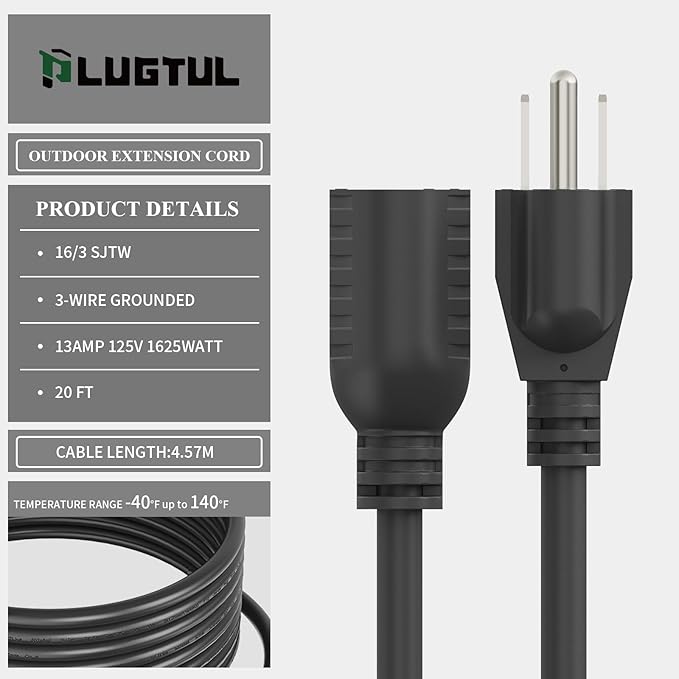 PLUGTUL Extension Cord 20 FT, 16/3 Outdoor Extension Cord Waterproof, Heavy Duty 3 Prong Extension Cord Black, 13A 1625W SJTW, ETL Listed, Great for Garden and Home