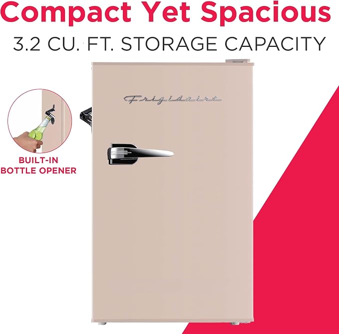 Frigidaire Retro Compact Fridge with Chiller, 3.2 cu ft Countertop Fridge with Built-In Bottle Opener, Compact Refrigerator for Office, Bedroom, Dorm Room or Cabin - 16.5" D x 19" W x 31" H (Coral)