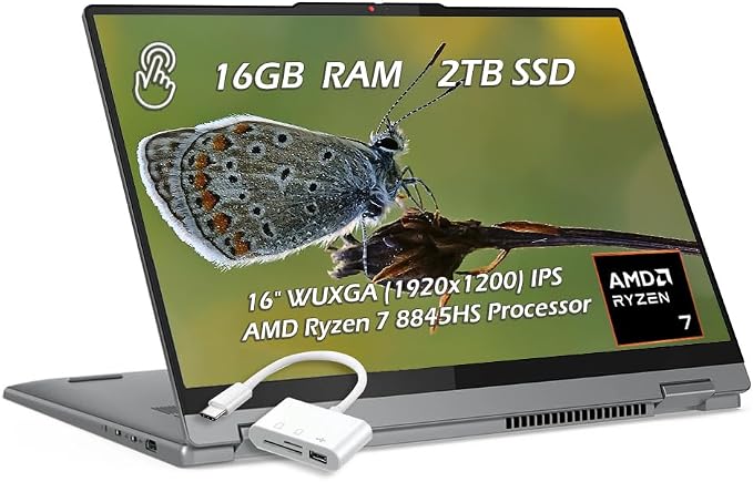 Lenovo IdeaPad 5 2-in-1 Laptop, 16" WUXGA Touchscreen, AMD Ryzen 7 8845HS, 16GB RAM, 2TB SSD, AMD Radeon Graphics, Backlit KB, Wi-Fi6, FP Reader, Win11, Luna Grey, w/USB Hub, W/GaLiMu