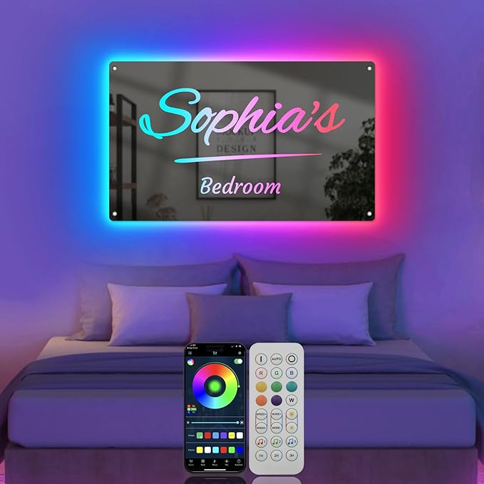 Personalized Name Mirror LED Light with Remote, RGB Custom Name Light Up Signs for Bedroom, Color Changing LED Mirror Name Signs Party Music Sync, Neon Sign Customizable Smart APP Control