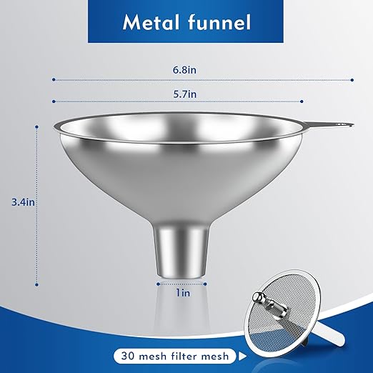 Serinar Stainless Steel Funnel (5.7 in. x 1 in. Mouth) with 30 Mesh Removable Stainless Steel Filter, Food Grade Metal Large Funnel for Kitchen, Liquids, Oils, Powders, Spices, Home Brewing.