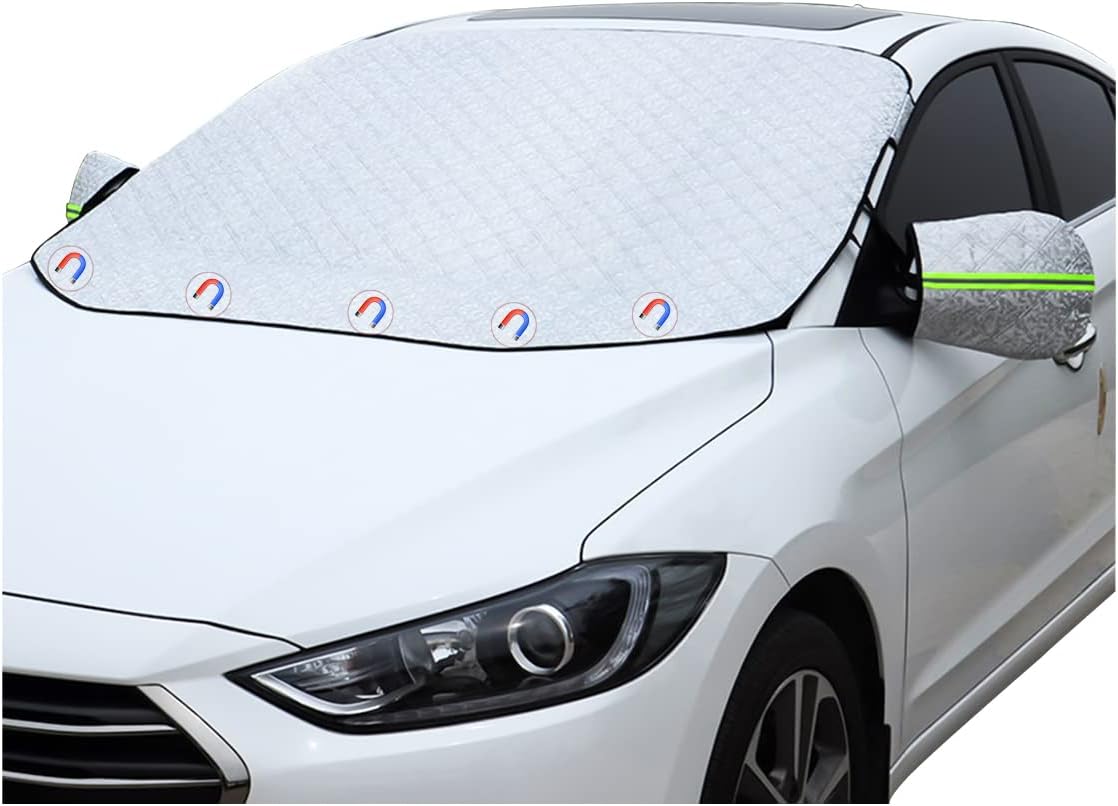 Car Windshield Snow Cover with 4 Layers Windproof Protection Defense Frost Sunlight, All Weather Winter & Summer Front Window Automotive Covers Sun & Snow-Shade for Most Cars Trucks Vans and SUVs