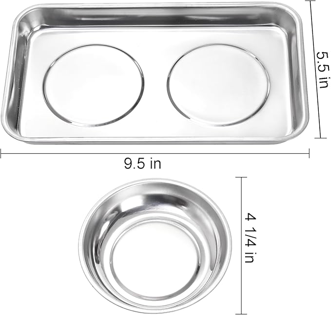 Okllen 6 Pcs Magnetic Parts Tray Set, Stainless Steel Heavy Duty 9.5"W x 5.5''L Square and 4 1/4" Round Extra Strong Magnetic Tool Trays Holder for Socket Screw Nuts Bolts Metal Parts