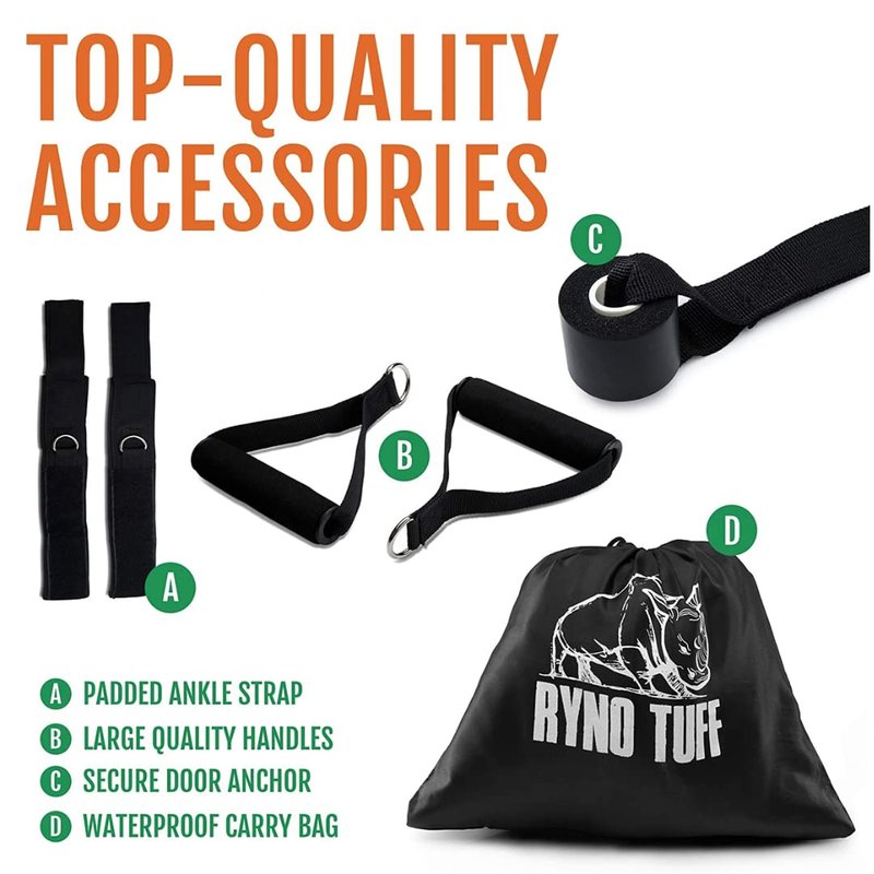 Ryno Tuff 12 Pc Resistance Bands Set - 5 Workout Bands, Cushioned Ankle Straps, Padded Handles, Door Anchor & Waterproof Gym Bag - Home Exercise, Strength Training, Physical Therapy, Yoga Fitness Gear