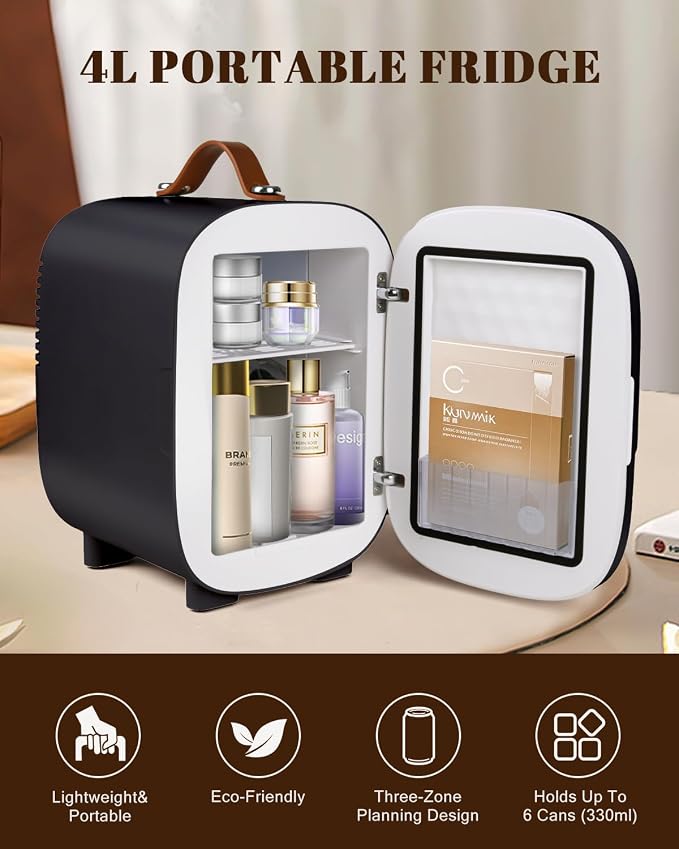 FANSEXPERT Mini Fridge for Bedroom, 4 Liter/6 Cans Skin Care Fridge Small Refrigerator, AC/DC Portable Mini Cooler & Warmer, Small Cosmetic Fridge for Camping, Dorm, Office, Car (Black)