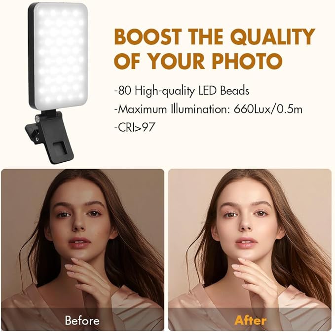 Selfie Light for iPhone, Portable Phone Clip on Light, Rechargeable LED Ring