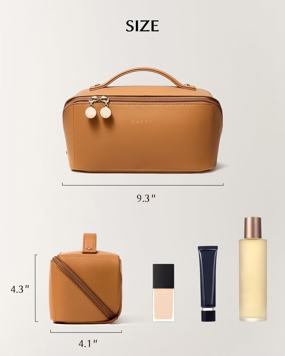 EACHY Travel Makeup Bag for Women, PU Leather Cosmetic Bag, Brown, Medium