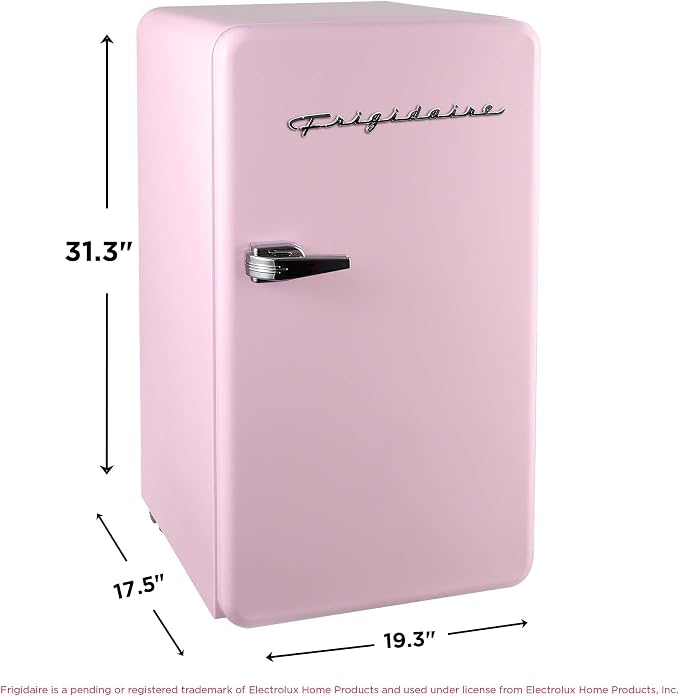 Frigidaire Retro Compact Refrigerator with Chiller, 3.2 cu ft Countertop Fridge, Built-In Bottle Opener, Rounded Corners, Premium, for Office, Bedroom, Dorm Room, Cabin, 18.5D x 20W x 31.5H (Pink)
