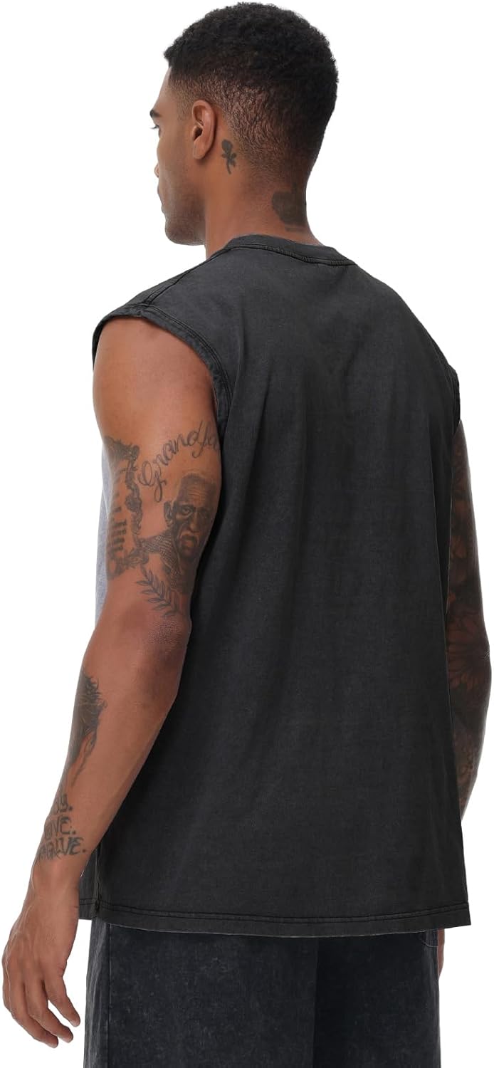 Skiennix Men's Workout Tank Tops - Sleeveless Muscle Shirt for Gym & Running | Acid Wash Loose Fit Tee