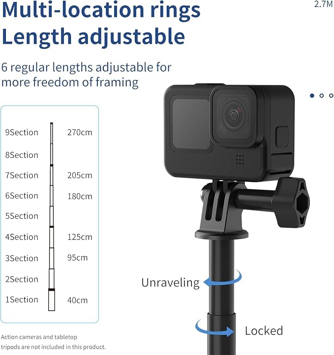 Long Selfie Stick Pole, Extension Carbon Fiber Waterproof Dive Monopod