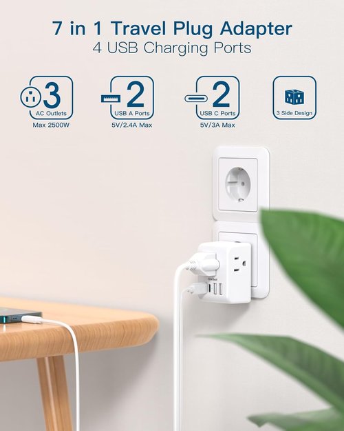 **Skiennix European Travel Plug Adapter - 3 Outlets & 4 USB Ports (2 USB-C) for EU Countries**