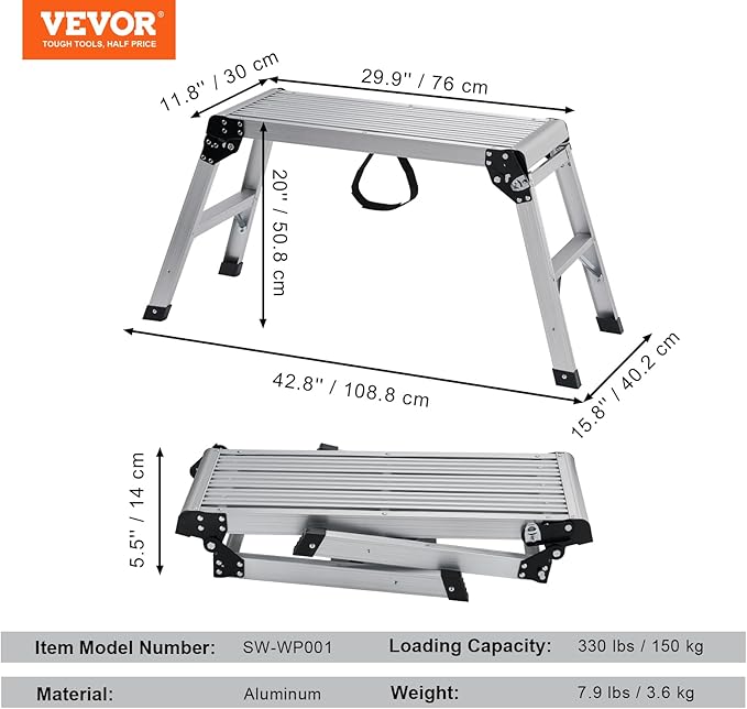 VEVOR Folding Work Platform, 30"×12"×20" Aluminum Drywall Stool Ladder, 330 lbs Load Capacity Heavy Duty Work Bench w/Non-Slip Feet, Ideal for Washing Vehicles, Cleaning, Painting, Decorating