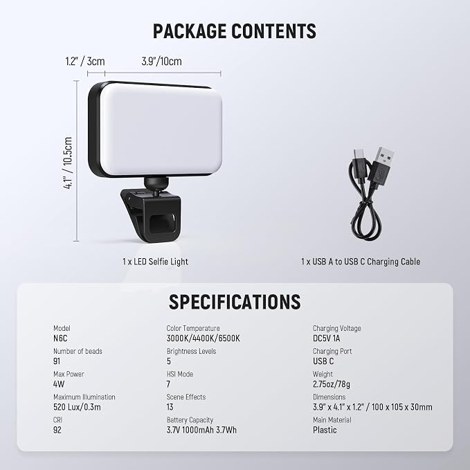 NEEWER Entry Level Version LED RGB Selfie Light, 91 LEDs Plastic Clip on Phone