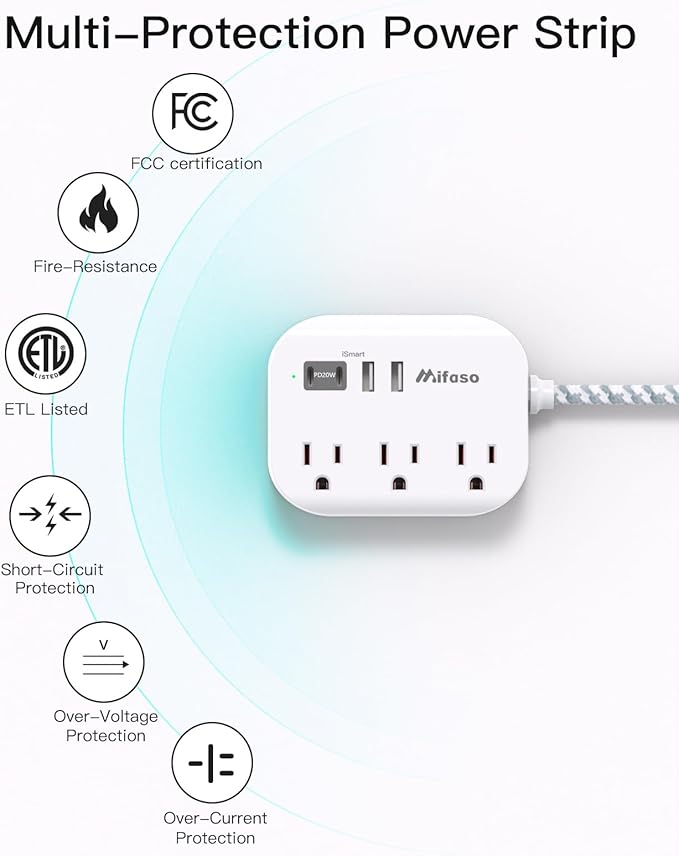 Dorm Essentials, PD20W USB Power Strip, 5Ft Flat Extension Cord with Multiple Outlets, USB Charging Station with Non Surge Protector for Cruise Ship, Travel, Cruise Ship Essentials