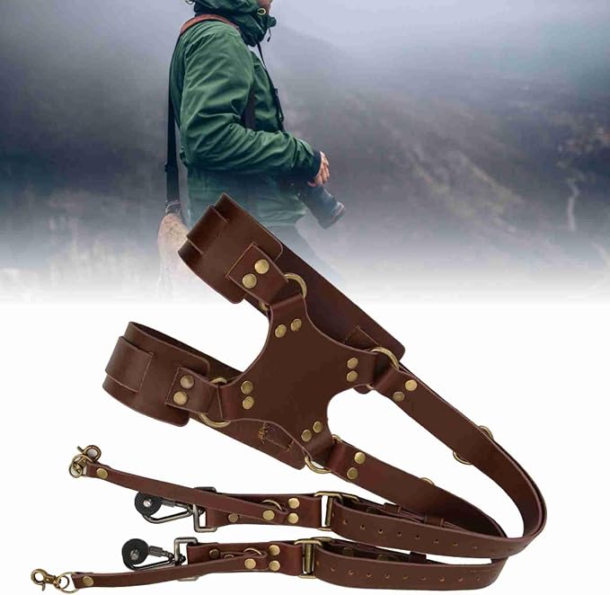 Dual Camera Harness & Leather Shoulder Strap Comfortable Carry