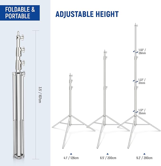 NEEWER 9.2ft/2.8m Stainless Steel Light Stand, Spring Cushioned Heavy Duty