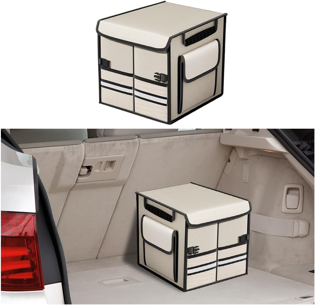 HZEL Car Trunk Organizer with Lid, Foldable Slip Resistant Multi-Compartment Vehicle Cargo Storage Box, Collapsible Waterproof Automotive Trunk Organizer, Universal for SUV Van Truck (Gray)