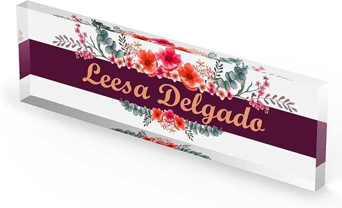 Artblox Personalized Office Desk Name Plate and Business Card Holder | Clear Acrylic Glass with Teak Wood Stand | Wild Flowers Design Customized with Your Name and Credentials Office Desk Decor