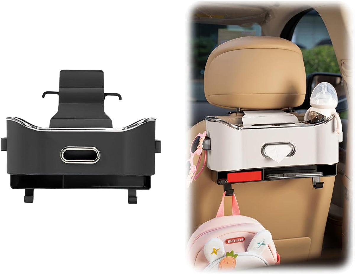 Multifunctional Car Backseat Organizer with Cup Holder, Tissue Box, Trash Bin & Hooks, 3-in-1 Back Seat Car Organizer for Hold Phones, Snacks, Drinks, and Handbags (Original Model - Black)